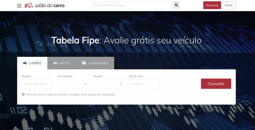 Reprodução do site Salão do Carro: Tabela Fipe